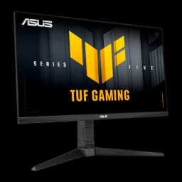ASUS TUF Gaming VG27AQML5A 27 negro, ángulo frontal izquierdo: pantalla con logo TUF Gaming dorado y base ajustable visible