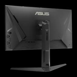 ASUS TUF Gaming VG27AQML5A 27 negro, ángulo trasero izquierdo: diseño angular del panel trasero, puertos y brazo TUF Gaming