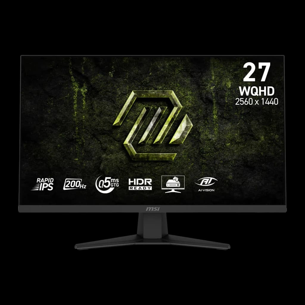 MSI Monitor MAG 274QF E20 27" WQHD preto, vista frontal: ecrã com logo MAG, especificações Rapid IPS 200Hz e moldura