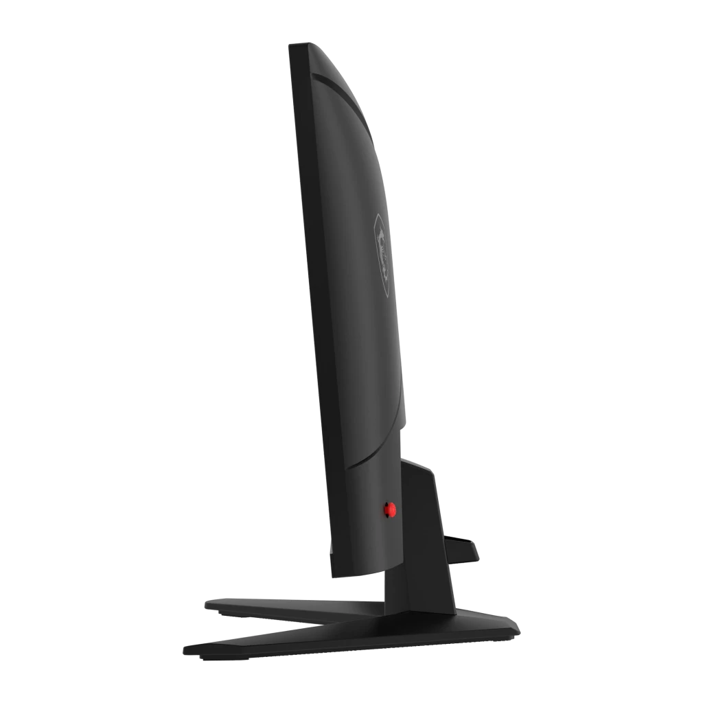 MSI Monitor MAG 274QF E20 27" WQHD preto, perfil lateral esquerdo próximo: curvatura traseira do painel e luz vermelha