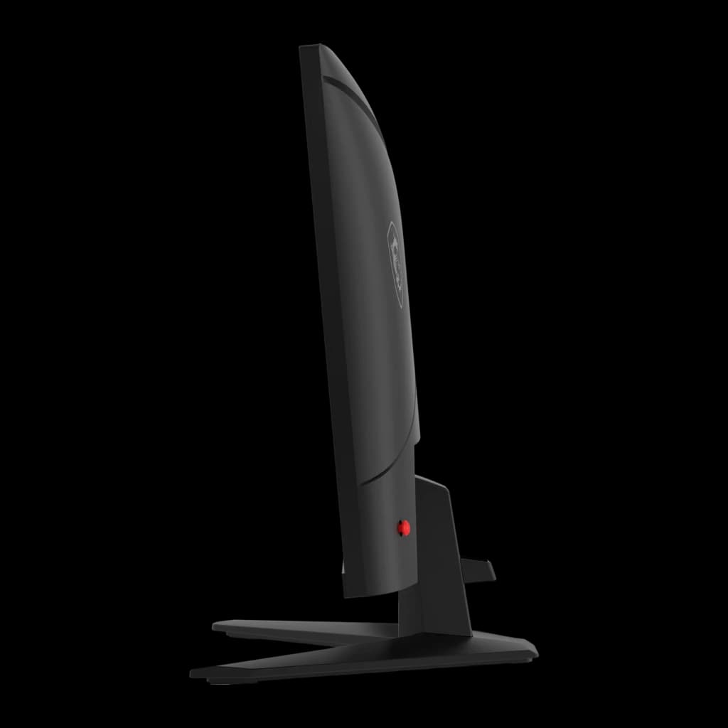 MSI Monitor MAG 274QF E20 27" WQHD preto, perfil lateral esquerdo próximo: curvatura traseira do painel e luz vermelha
