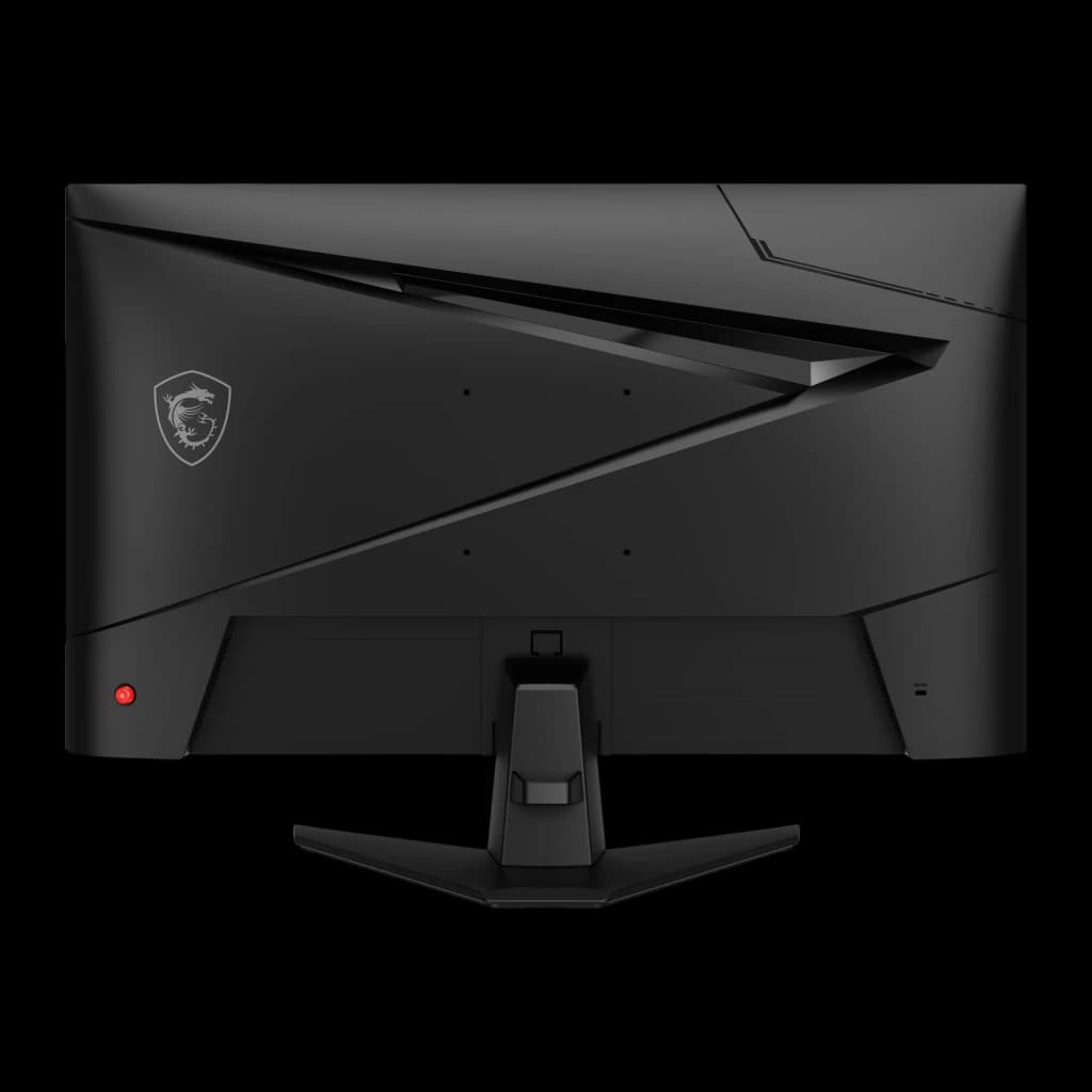 MSI Monitor MAG 274QF E20 27" WQHD preto, vista traseira: carcaça com design angular, logo dragão MSI e luz vermelha