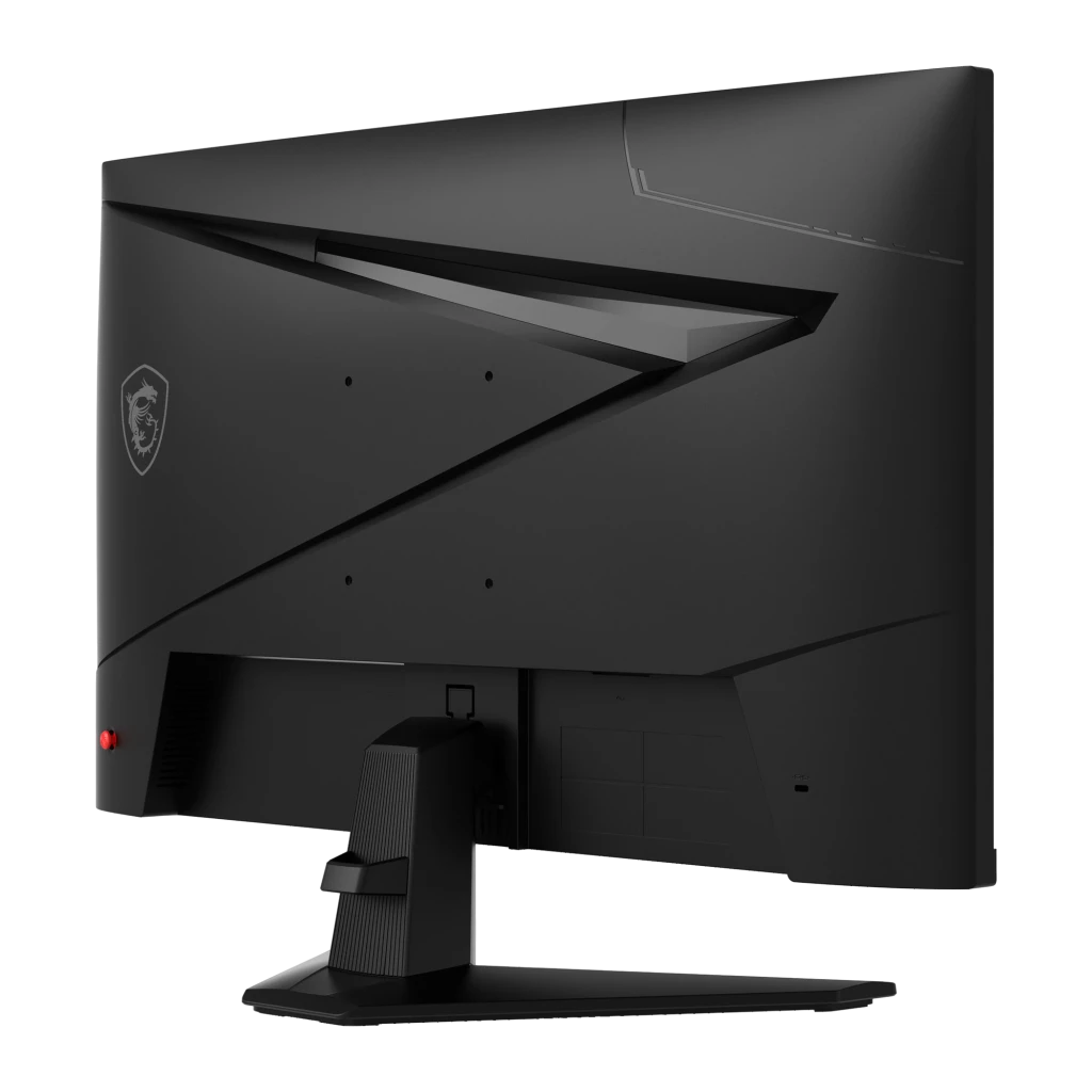 MSI Monitor MAG 274QF E20 27" Preto, vista traseira em ângulo: painel traseiro com logo dragão, design geométrico e suporte