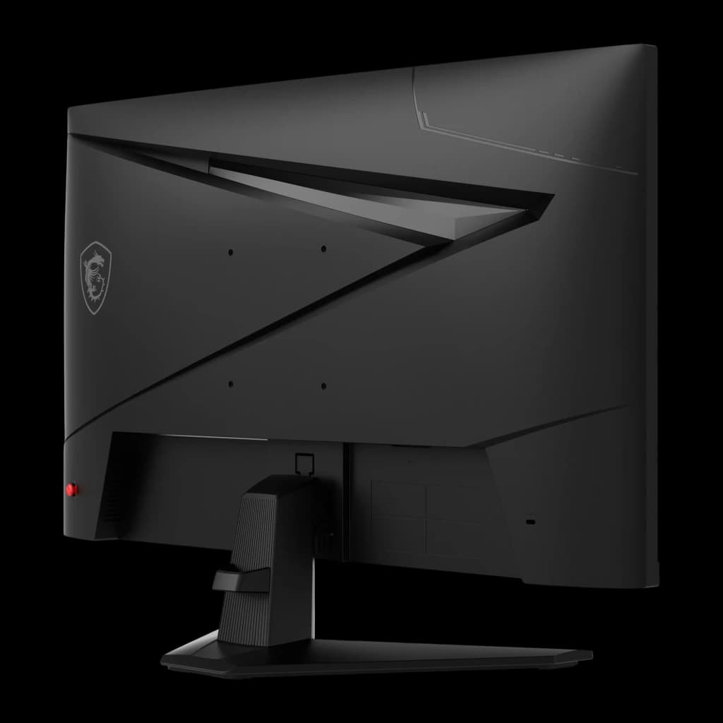 MSI Monitor MAG 274QF E20 27" Preto, vista traseira em ângulo: painel traseiro com logo dragão, design geométrico e suporte