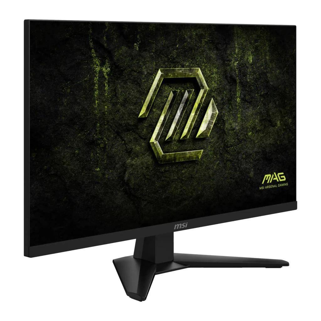 MSI Monitor MAG 274QF E20 27" WQHD preto, ângulo frontal direito: ecrã com logo MAG Arsenal Gaming e base em Y visível
