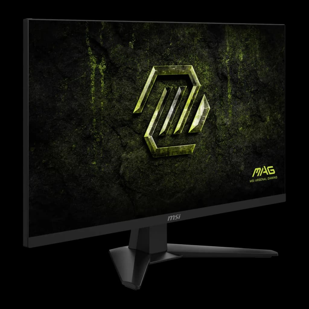 MSI Monitor MAG 274QF E20 27" WQHD preto, ângulo frontal direito: ecrã com logo MAG Arsenal Gaming e base em Y visível
