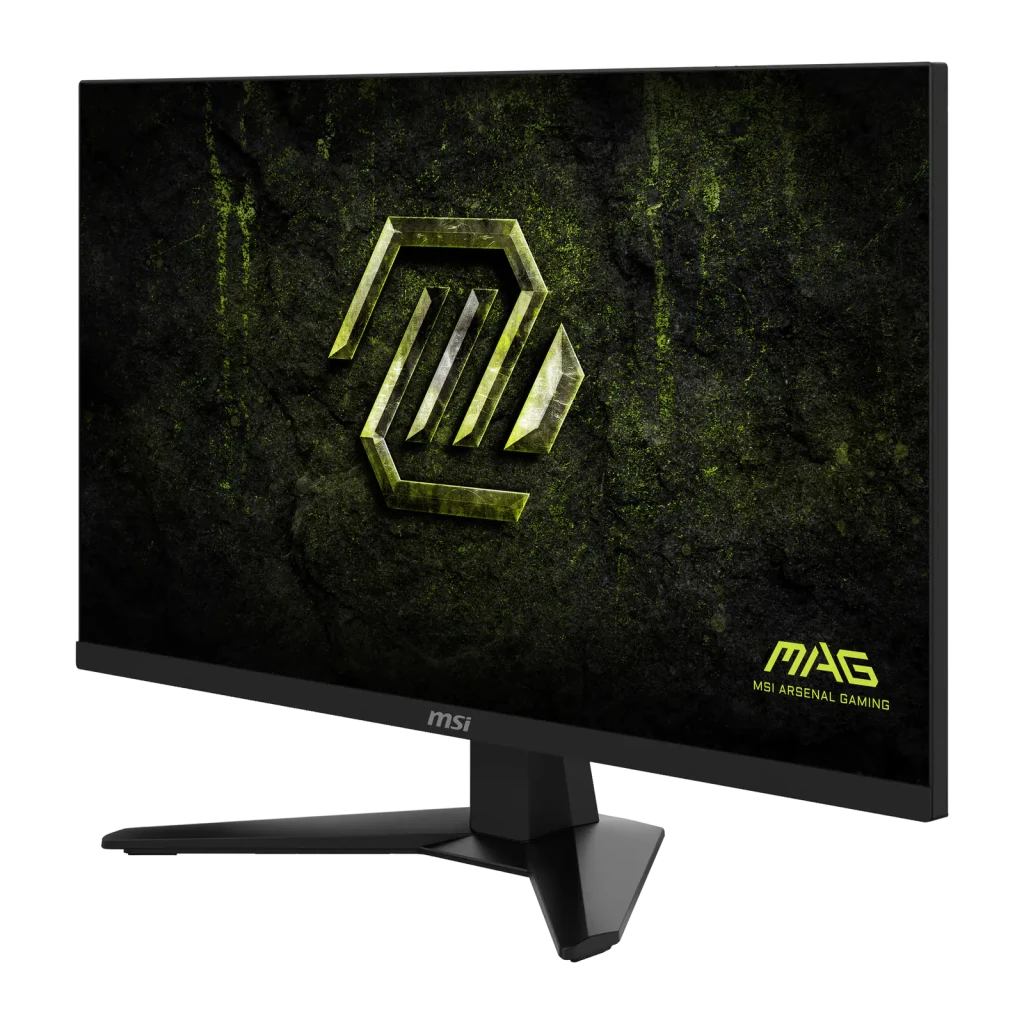 MSI Monitor MAG 274QF E20 27" WQHD preto, ângulo frontal esquerdo: ecrã com logo MAG Arsenal Gaming e perfil fino do painel