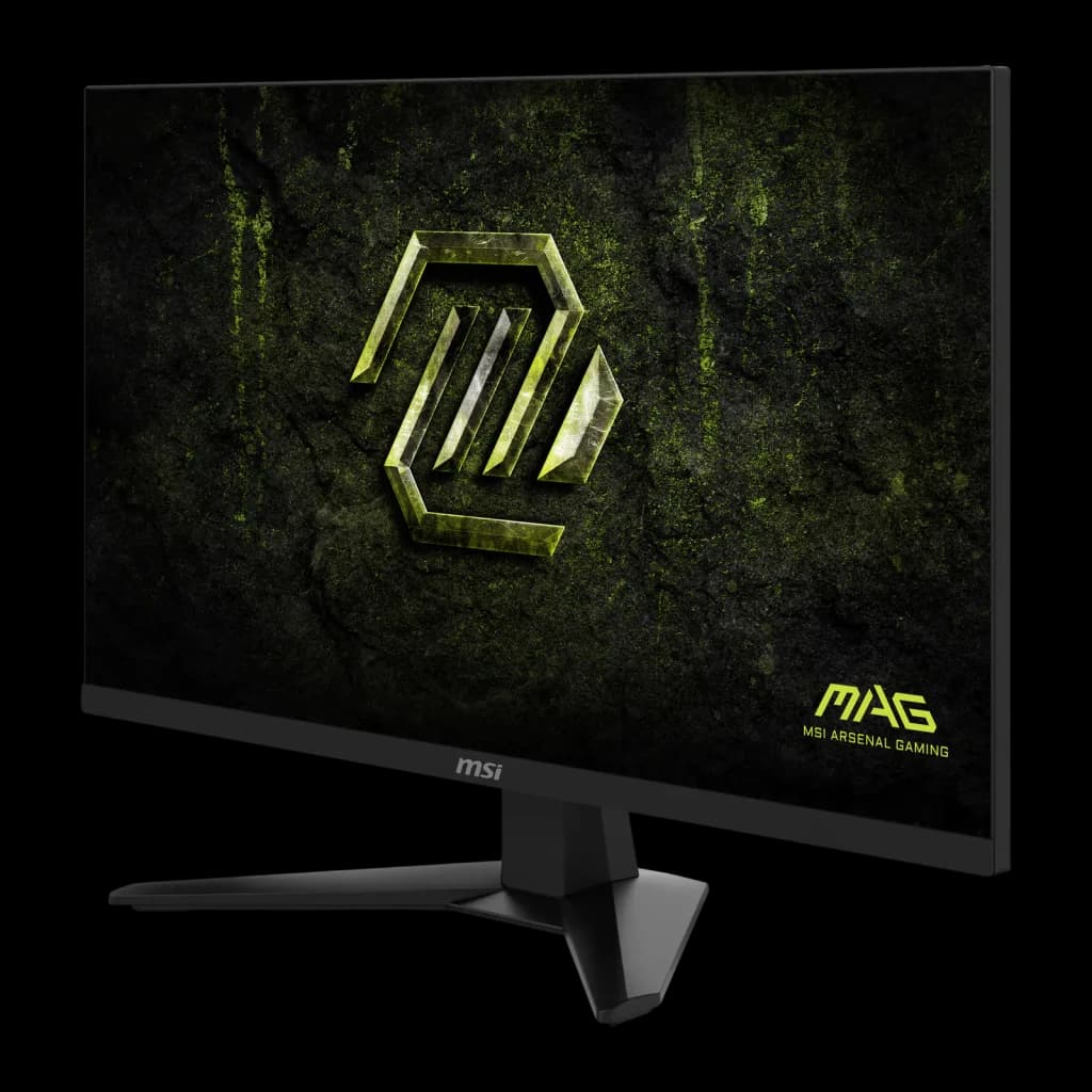 MSI Monitor MAG 274QF E20 27" WQHD preto, ângulo frontal esquerdo: ecrã com logo MAG Arsenal Gaming e perfil fino do painel