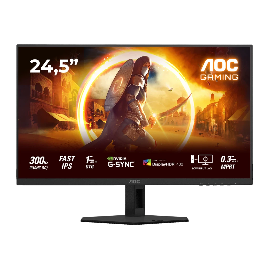 AOC 25G4SRE 25" negro rojo, vista frontal: pantalla con escena gaming, specs 300Hz Fast IPS y logos G-Sync visibles