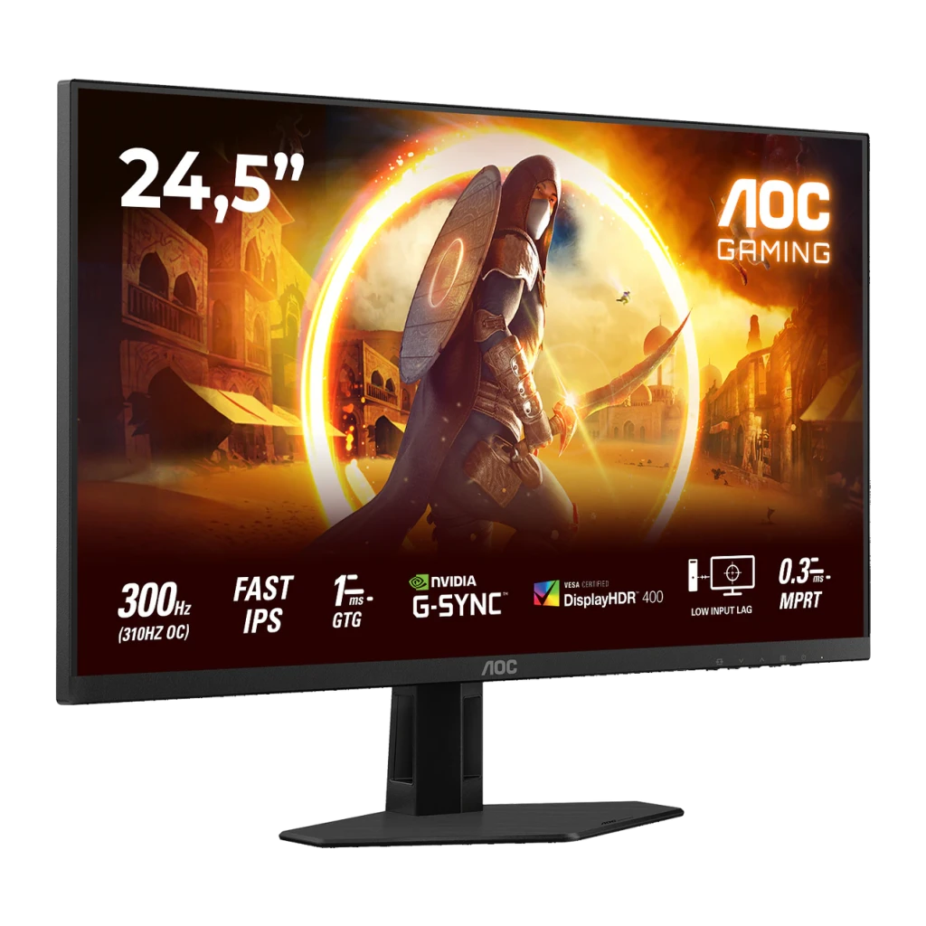 AOC 25G4SRE 25" negro rojo, vista frontal en ángulo derecho: pantalla gaming con guerrero y specs 300Hz en bisel inferior