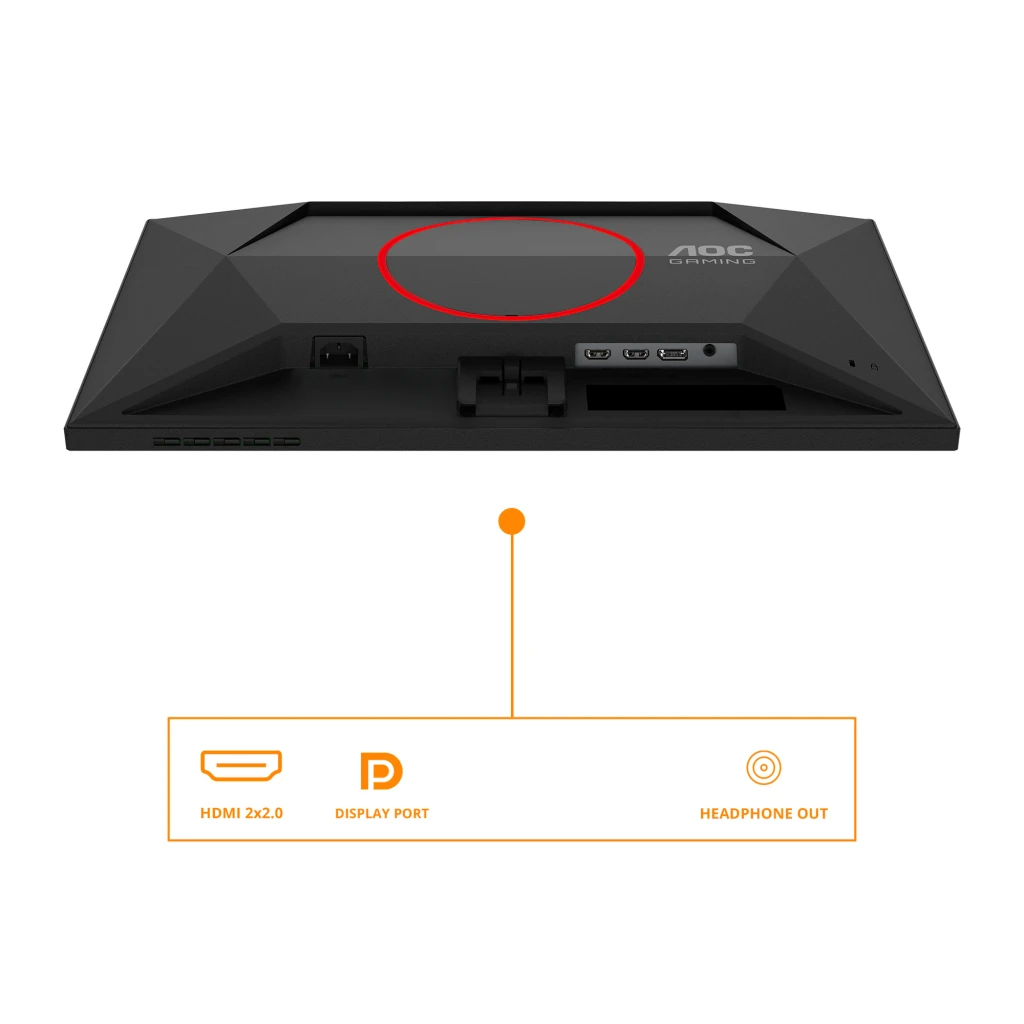 AOC 25G4SRE 25" negro rojo, vista trasera inferior: puertos HDMI 2x2.0, DisplayPort y salida auriculares señalizados