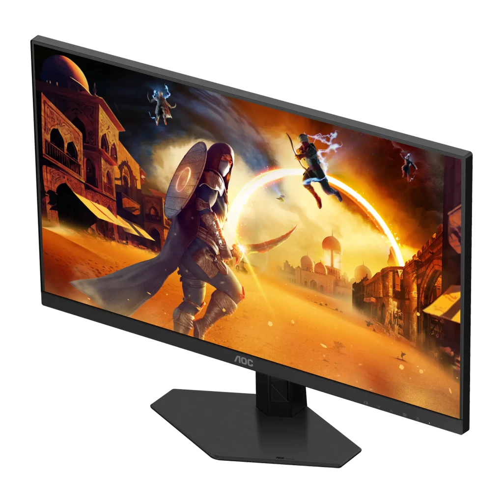 AOC 25G4SRE 25" negro rojo, vista lateral izquierda elevada: pantalla con escena de desierto y marco ultradelgado visible