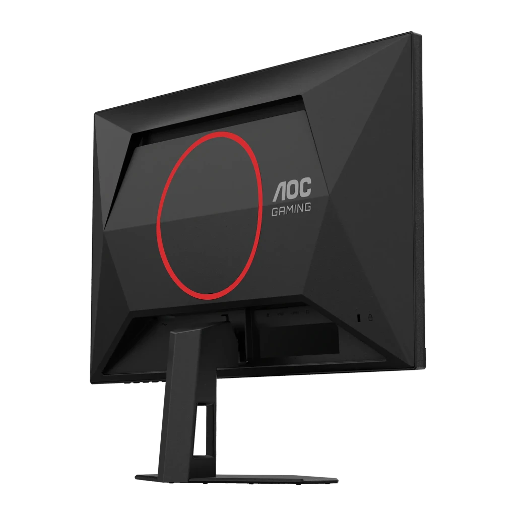 AOC 25G4SRE 25" negro rojo, vista trasera en ángulo: diseño facetado negro con círculo rojo y logo AOC Gaming