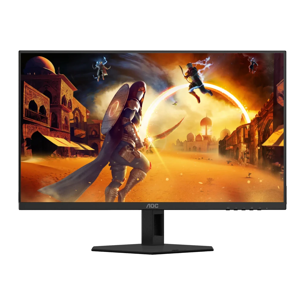 AOC 25G4SRE 25" negro rojo, vista frontal directa: pantalla con escena de desierto y guerrero, sin specs en bisel