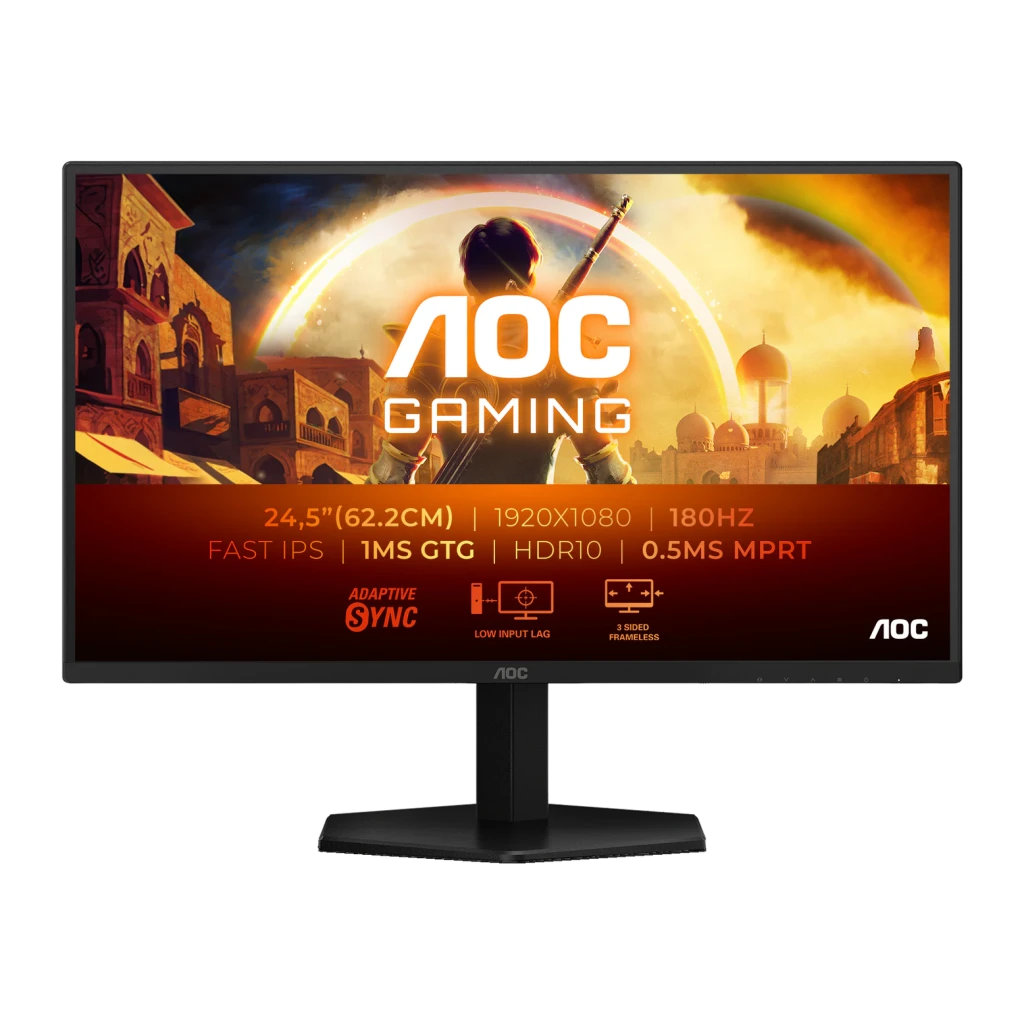 AOC Gaming 25G42E 24.5 Noir Rouge, vue de face: écran avec scène gaming et spécifications 180Hz Fast IPS
