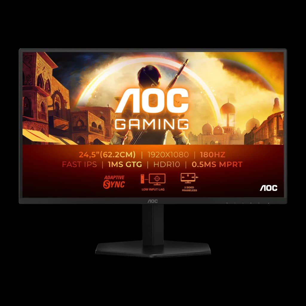 AOC Gaming 25G42E 24.5 Noir Rouge, vue de face: écran avec scène gaming et spécifications 180Hz Fast IPS