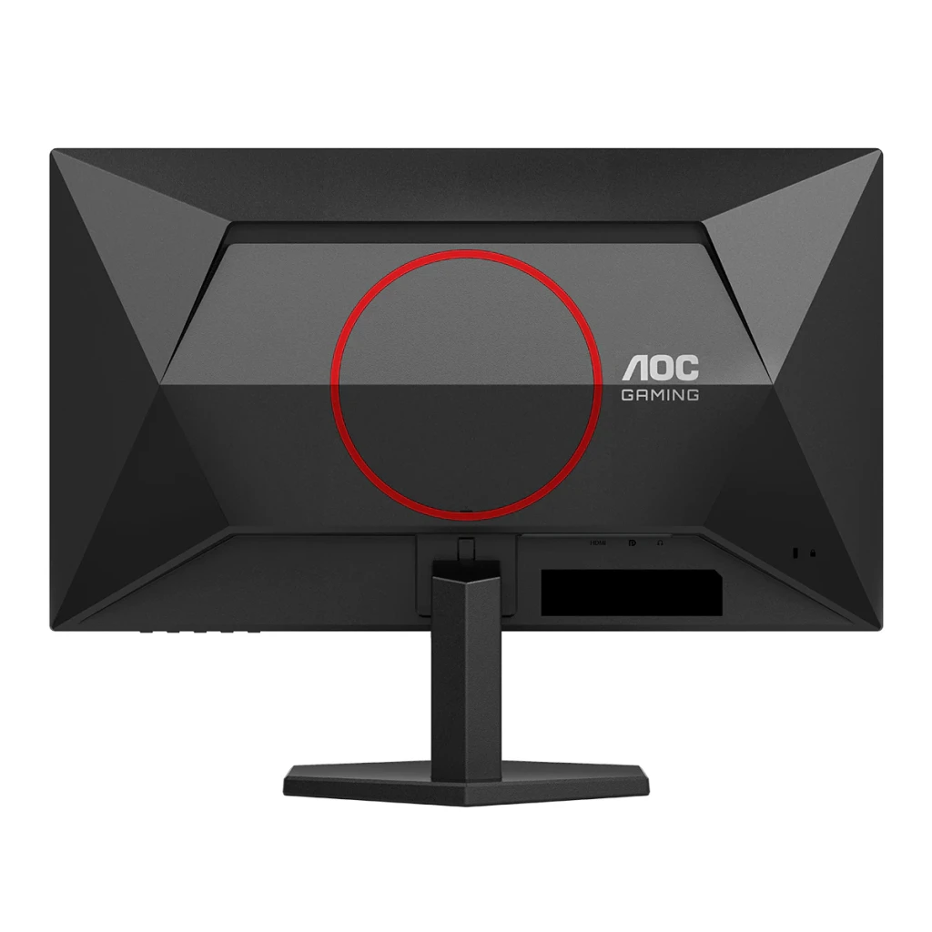 AOC Gaming 25G42E 24.5 Noir Rouge, vue arrière: coque géométrique noire avec anneau rouge central et logo AOC Gaming