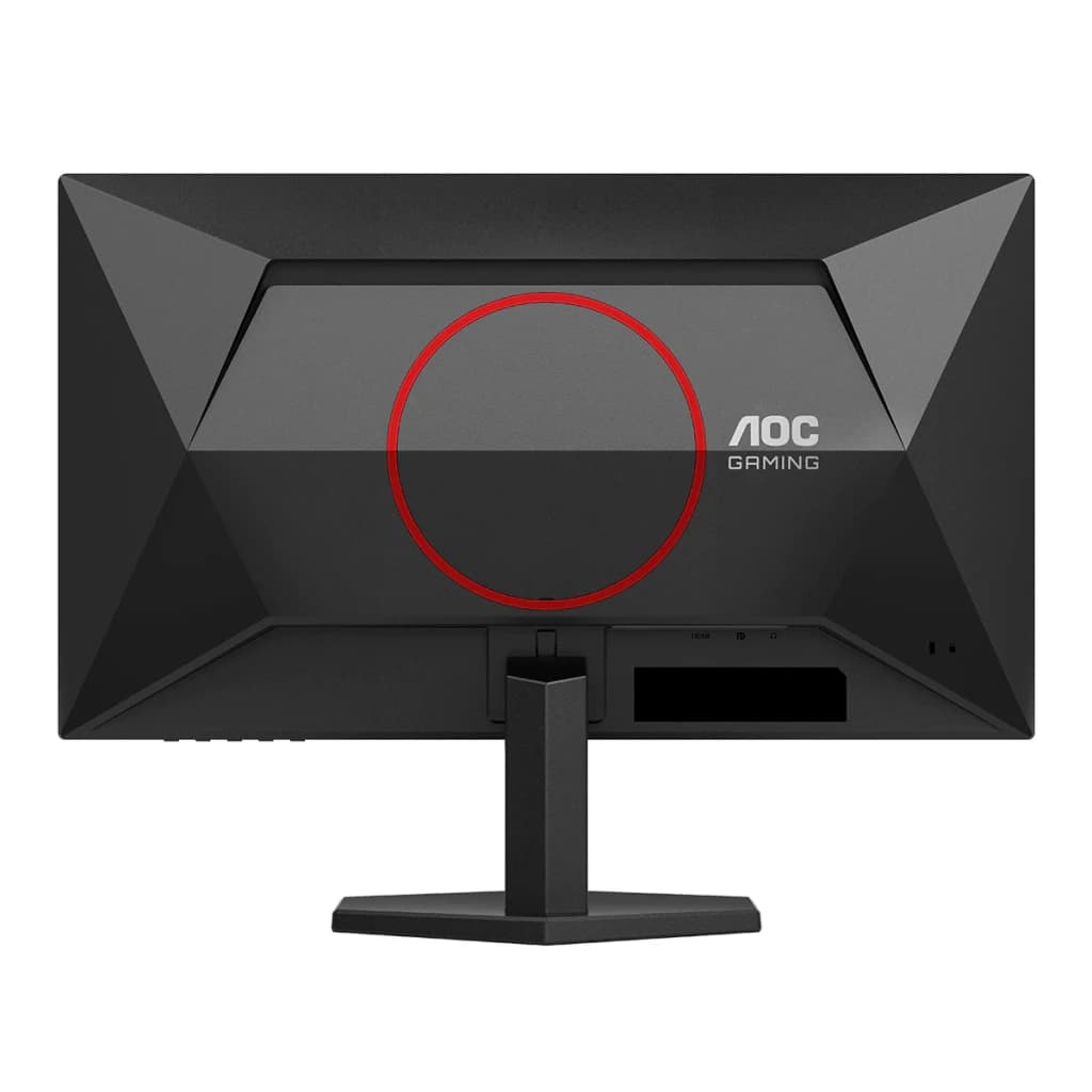AOC Gaming 25G42E 24.5 Noir Rouge, vue arrière: coque géométrique noire avec anneau rouge central et logo AOC Gaming