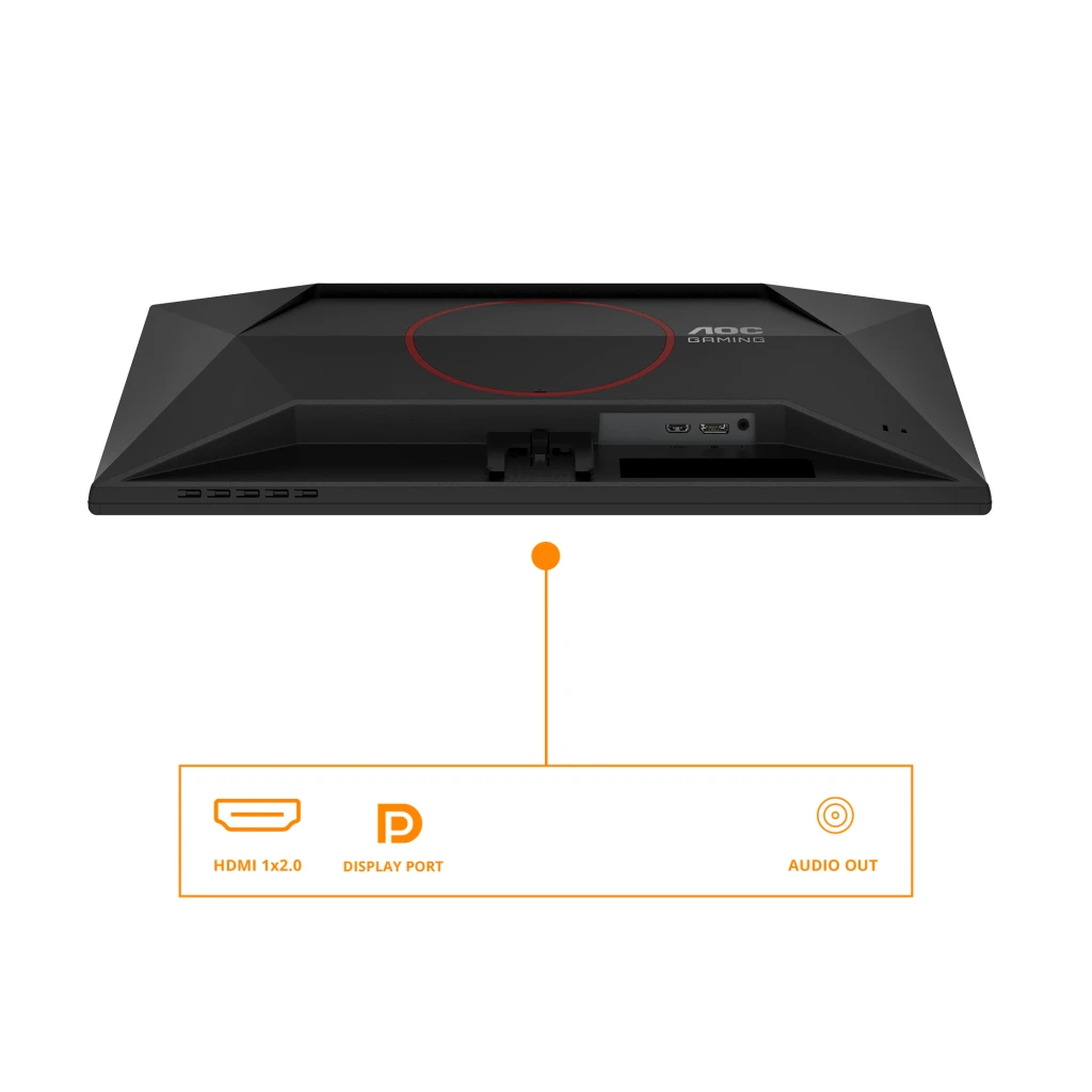AOC Gaming 25G42E 24.5 Noir Rouge, vue arrière bas: ports HDMI 2.0, DisplayPort et Audio Out indiqués