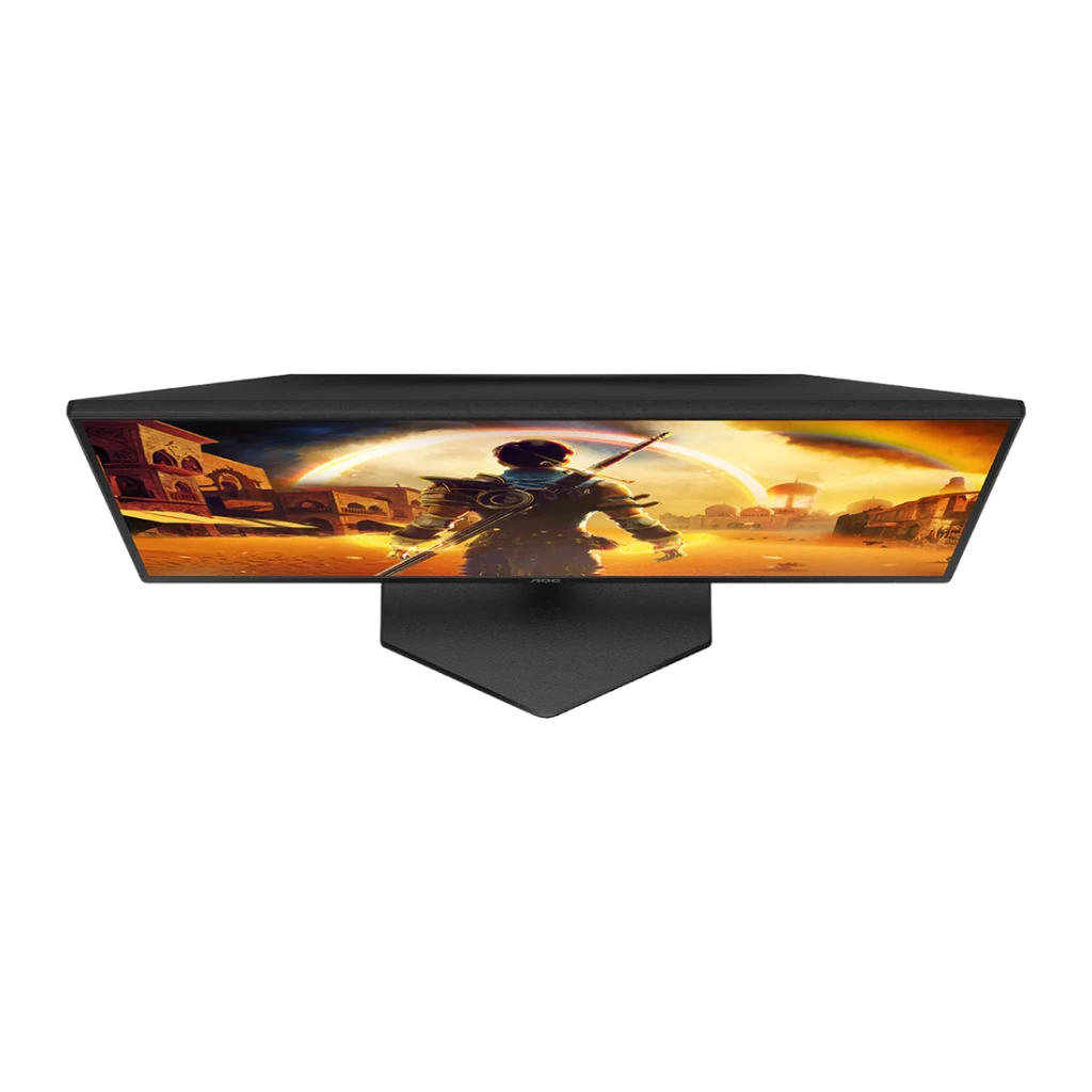 AOC Gaming 25G42E 24.5 Noir Rouge, vue du dessus: profil fin du panneau et pied central vus de haut