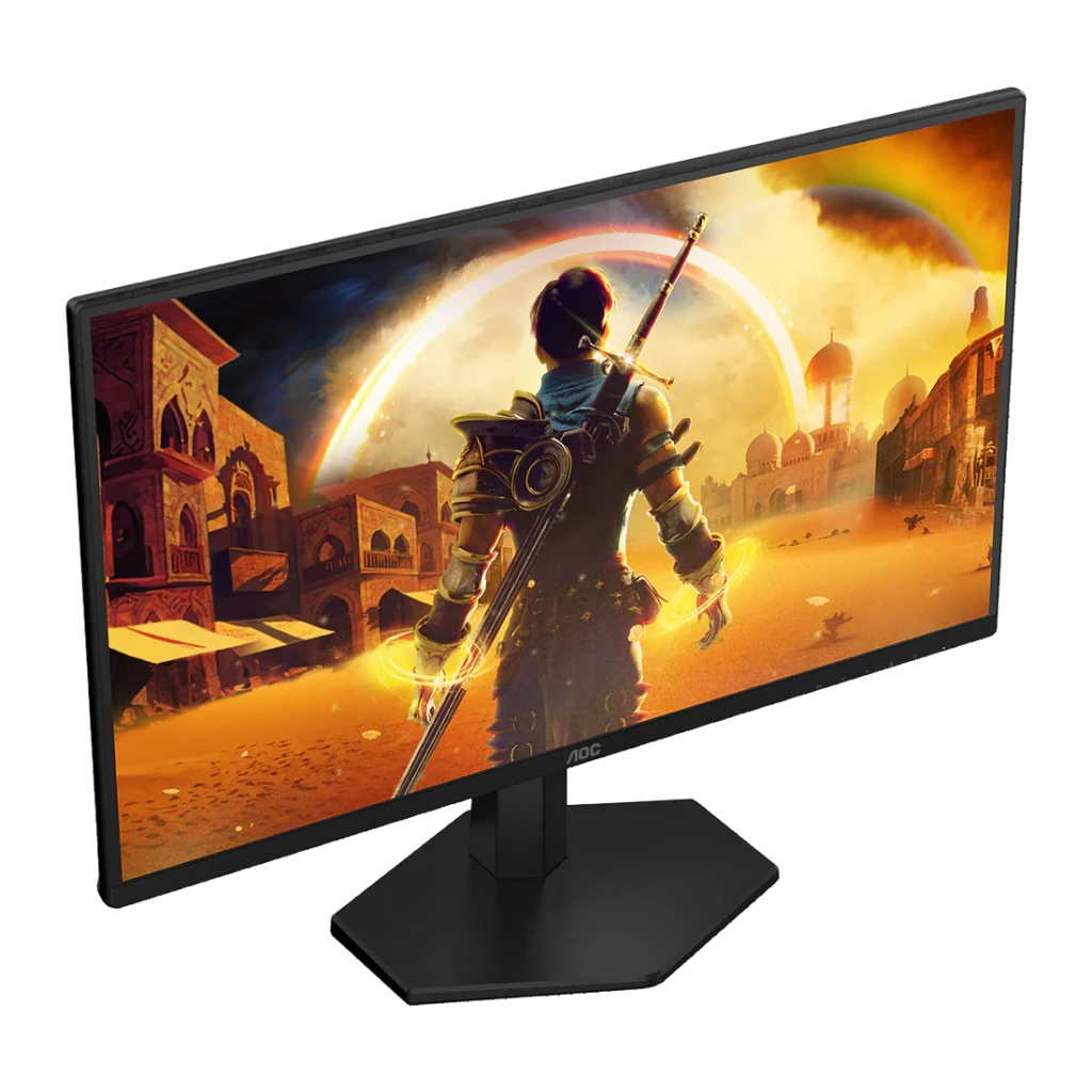 AOC Gaming 25G42E 24.5 Noir Rouge, angle bas frontal: écran sans cadre avec guerrier, base hexagonale au premier plan