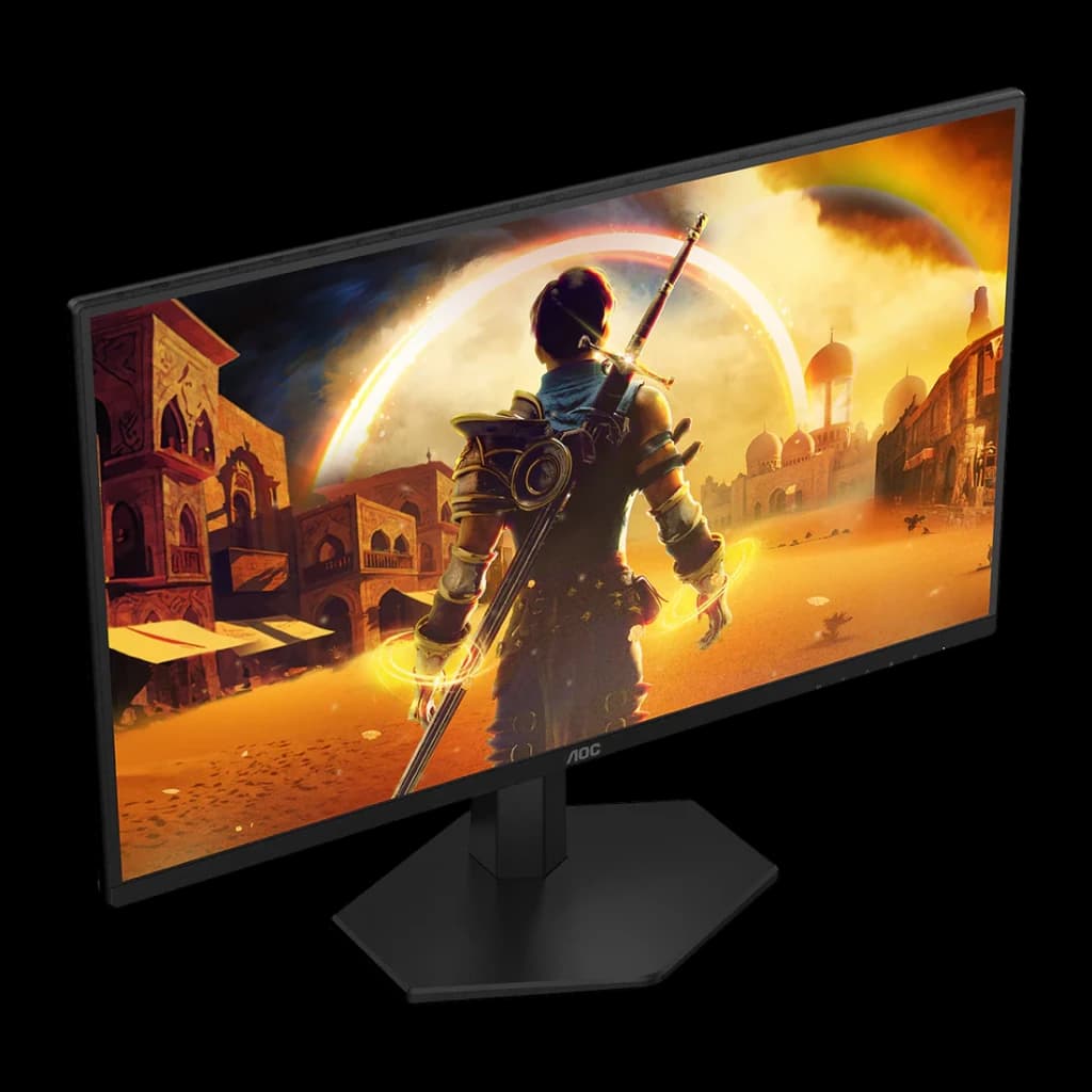 AOC Gaming 25G42E 24.5 Noir Rouge, angle bas frontal: écran sans cadre avec guerrier, base hexagonale au premier plan