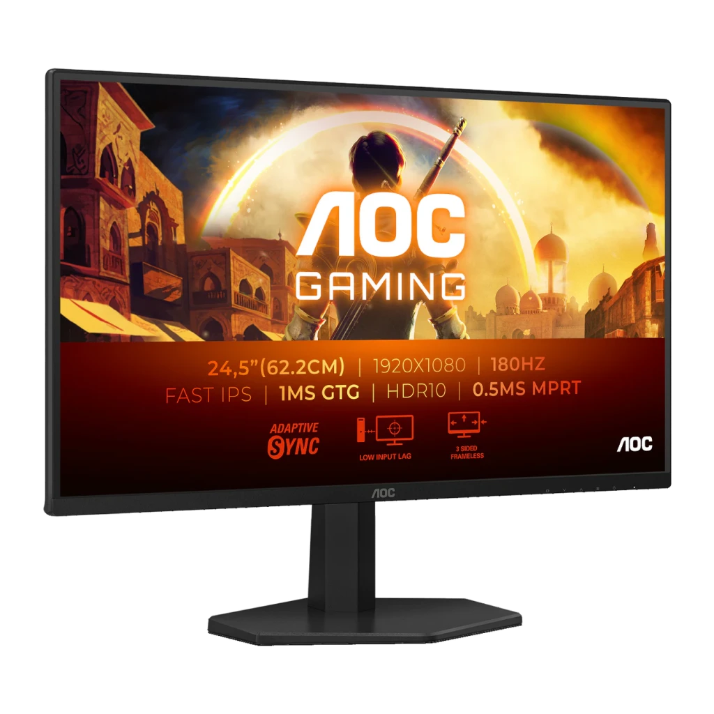 AOC Gaming 25G42E 24.5 Noir Rouge, angle gauche: écran avec logo AOC Gaming et spécifications 180Hz visibles