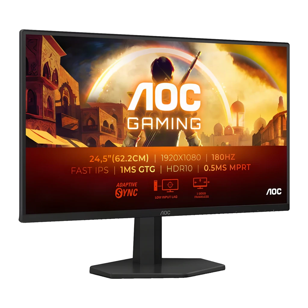 AOC Gaming 25G42E 24.5 Noir Rouge, angle bas gauche: bordure 3 côtés sans cadre et base hexagonale visibles