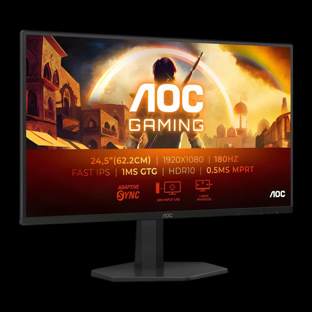 AOC Gaming 25G42E 24.5 Noir Rouge, angle bas gauche: bordure 3 côtés sans cadre et base hexagonale visibles
