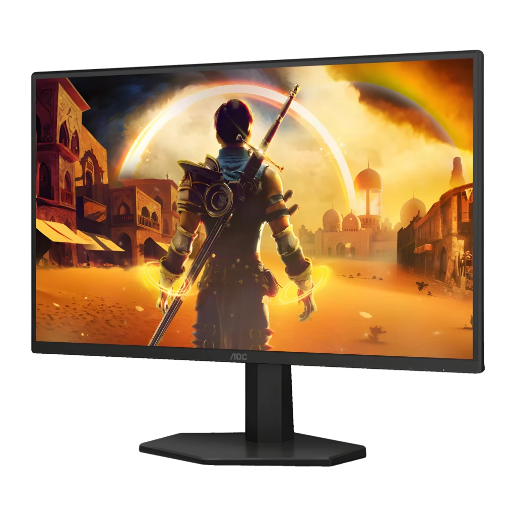 AOC Gaming 25G42E 24.5 Noir Rouge, angle droit: écran avec guerrier dans scène désert sans texte superposé
