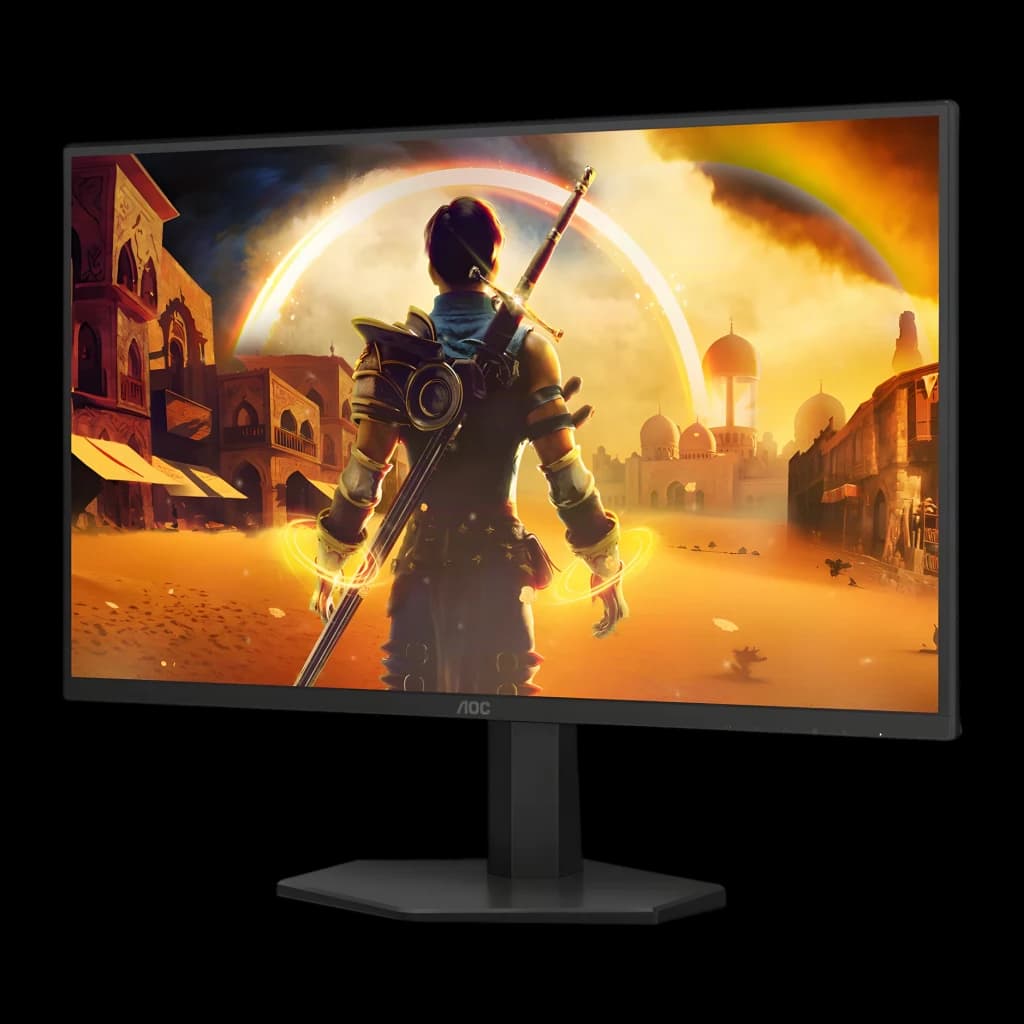 AOC Gaming 25G42E 24.5 Noir Rouge, angle droit: écran avec guerrier dans scène désert sans texte superposé