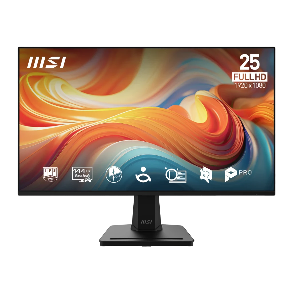 MSI Monitor PRO MP251 24.5" negro, vista frontal: pantalla encendida con wallpaper abstracto, iconos IPS 144Hz y logo MSI