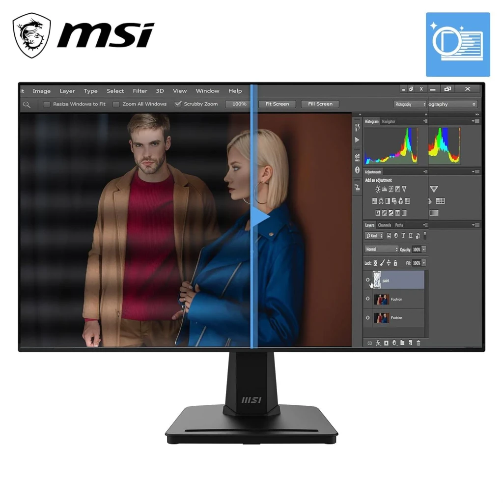 MSI Monitor PRO MP251 24.5" negro, vista frontal lifestyle: pantalla mostrando Photoshop con comparativa de color antes
