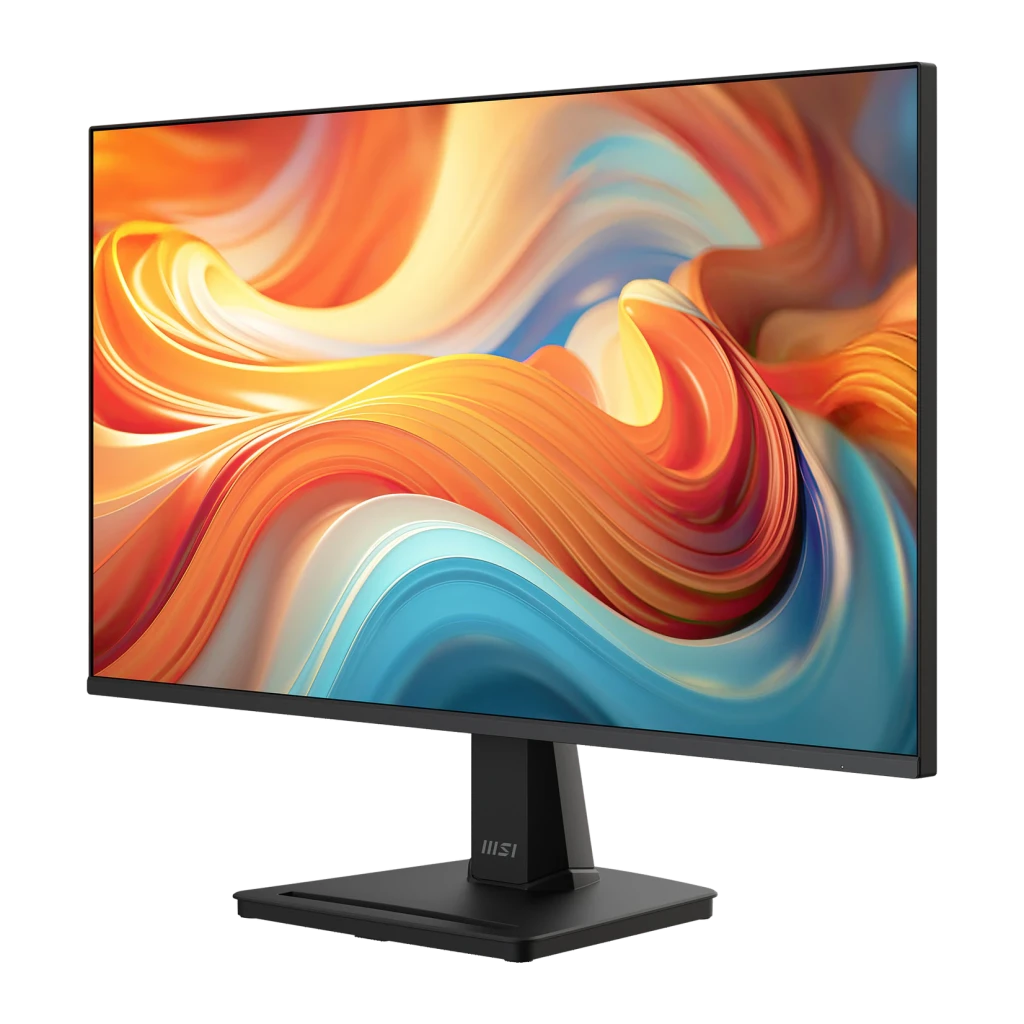 MSI Monitor PRO MP251 24.5" negro, ángulo tres cuartos izquierdo: pantalla con wallpaper abstracto, base cuadrada y cuello