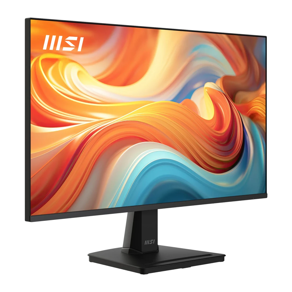 MSI Monitor PRO MP251 24.5" negro, ángulo frontal-izquierdo: pantalla con wallpaper abstracto naranja y azul, marco fino