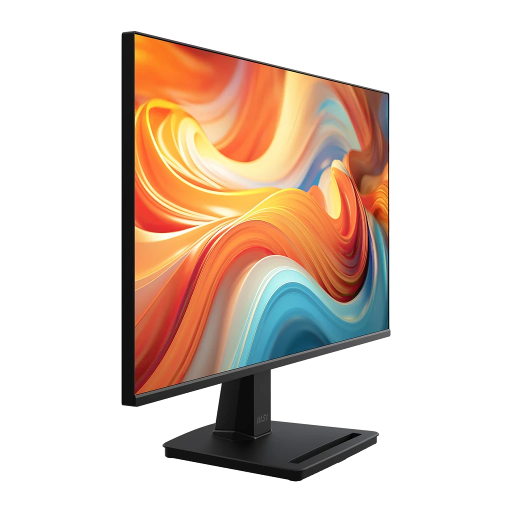 MSI Monitor PRO MP251 24.5" negro, ángulo frontal-derecho: pantalla con wallpaper abstracto, marco ultradelgado destacado