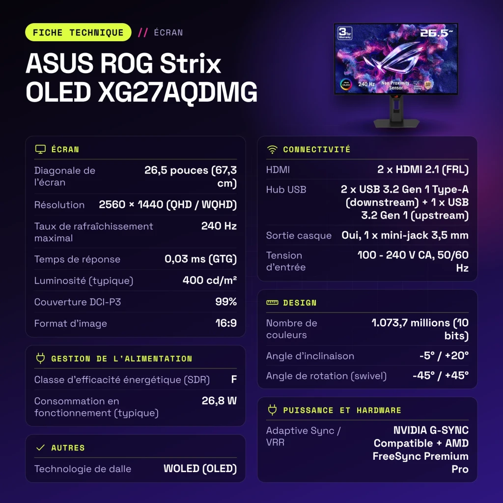 Monitor ASUS ROG Strix OLED XG27AQDMGR 27 pulgadas 240Hz QHD 0,03ms GTG - características