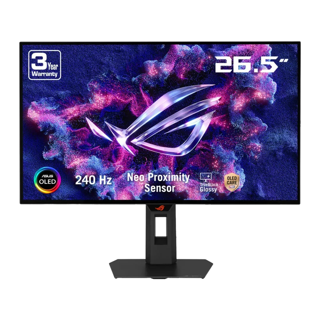 ASUS ROG Strix OLED XG27AQDMGR 27 negro, vista frontal: pantalla con logo ROG, 240Hz, Neo Proximity Sensor y garantía 3 años