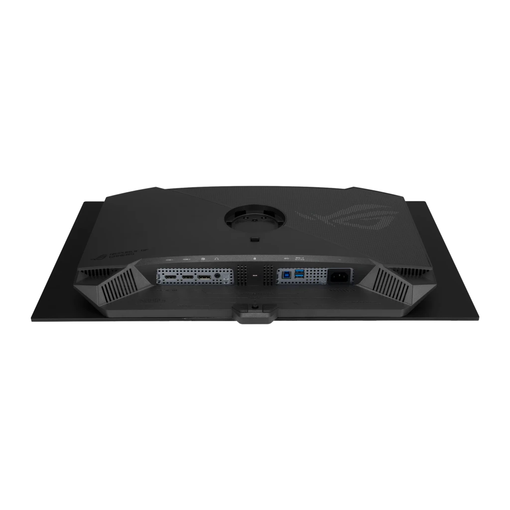 ASUS ROG Strix OLED XG27AQDMGR 27 negro, vista trasera inferior: puertos HDMI, DisplayPort, USB-A y conector de alimentación