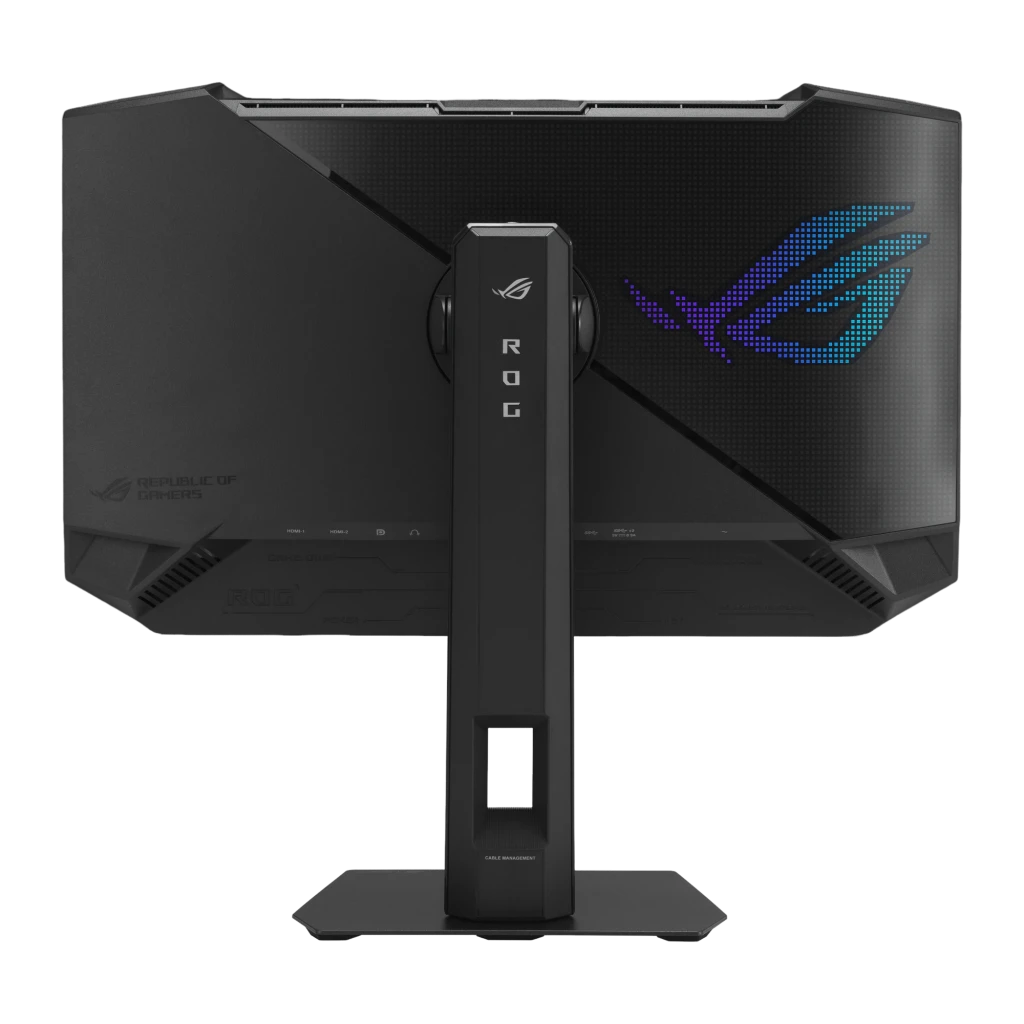 ASUS ROG Strix OLED XG27AQDMGR 27 negro, vista trasera: logo ROG iluminado RGB, soporte con gestión de cables y puertos