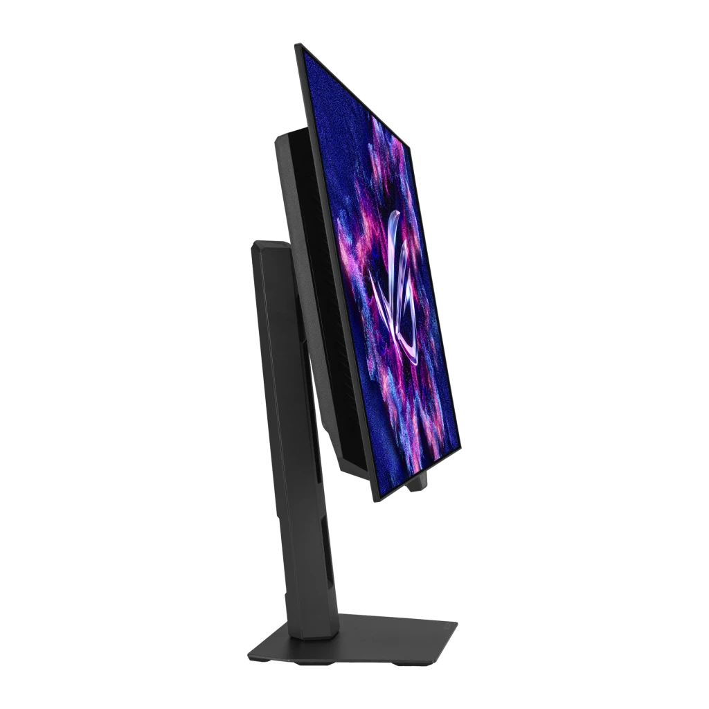 ASUS ROG Strix OLED XG27AQDMGR 27 negro, vista lateral derecha: perfil del panel, brazo del soporte ajustable y base