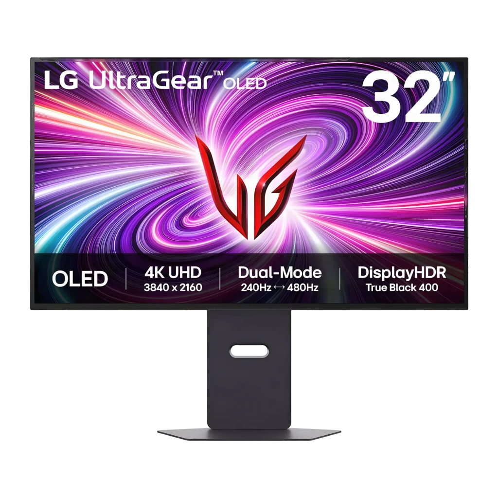 ASUS ROG Strix OLED XG27AQDMGR 27 negro, vista frontal: pantalla con gráfico espiral púrpura y especificaciones 4K 240Hz