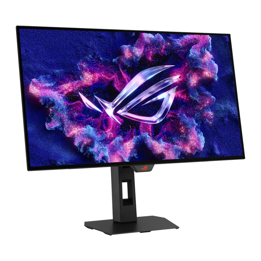 ASUS ROG Strix OLED XG27AQDMGR 27 negro, vista en ángulo frontal: pantalla OLED con logo ROG iluminado y soporte negro