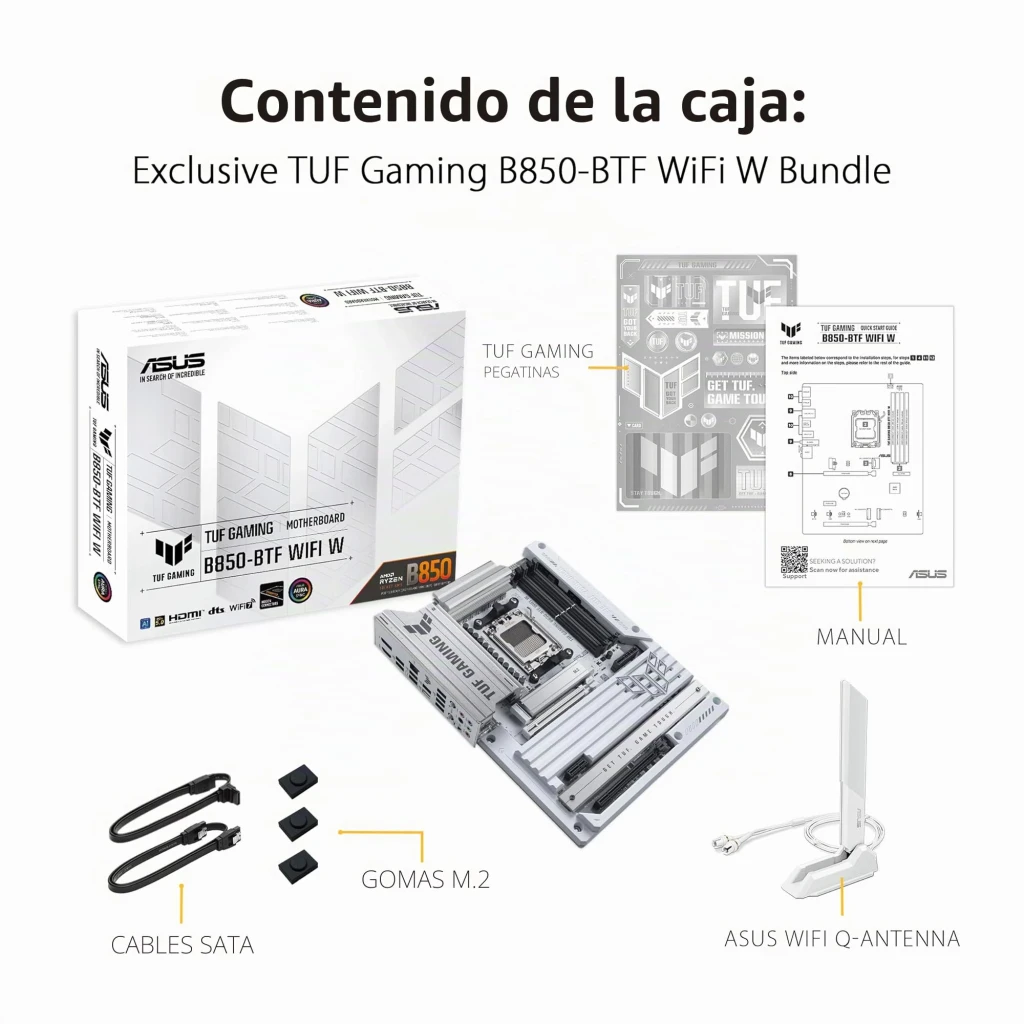 ASUS Placa base TUF Gaming B850-BTF WiFi W blanco - ranuras M.2 = 3 (hasta PCIe 4.0 en la primera) + 4 puertos SATA III |
