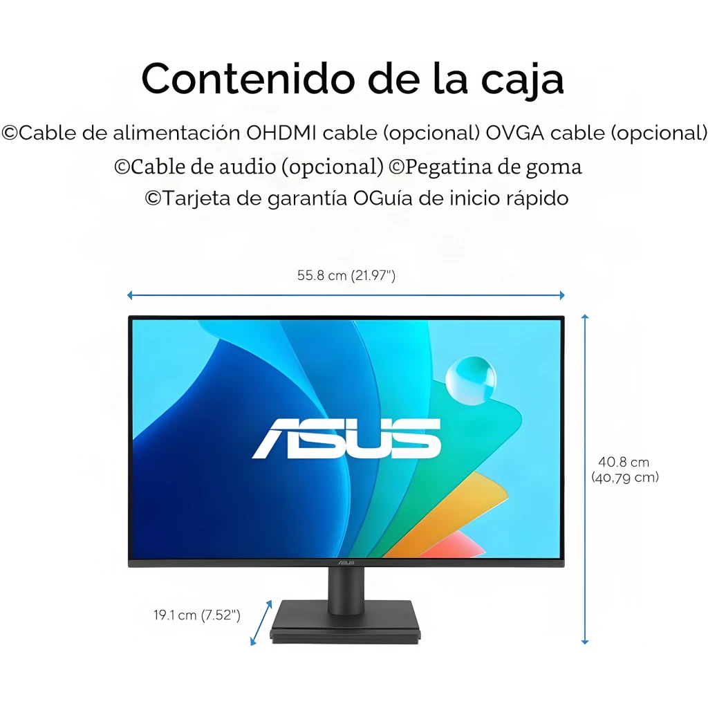ASUS Eye Care VZ249HG 23.8 negro, contenido de caja y dimensiones: 55.8 cm ancho, 40.8 cm alto, 19.1 cm profundidad