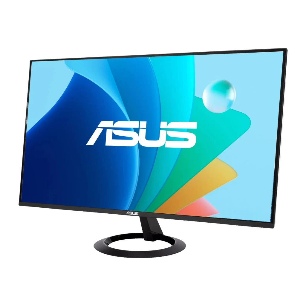 ASUS Eye Care VZ249HG 23.8 negro, vista en ángulo izquierdo: pantalla encendida con logo ASUS y marco ultra fino
