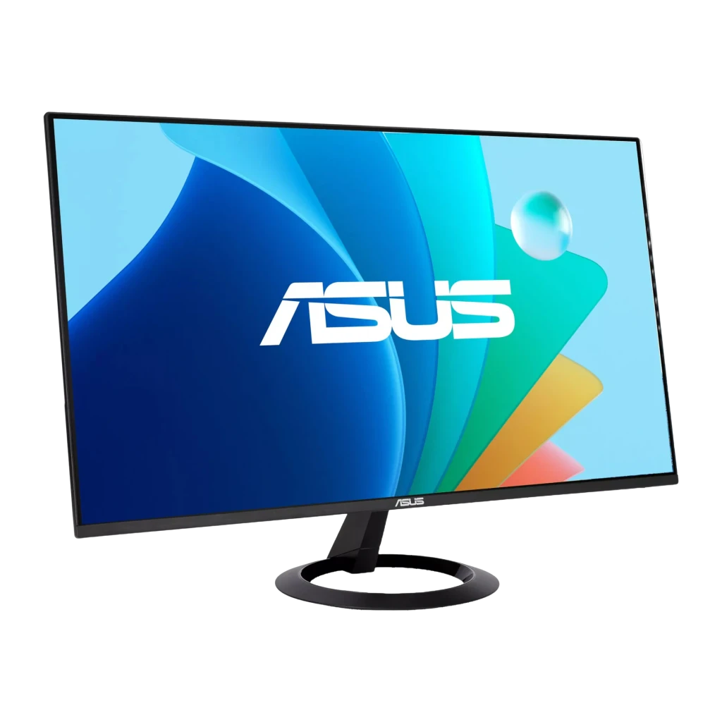 ASUS Eye Care VZ249HG 23.8 negro, vista en ángulo derecho: pantalla encendida con logo ASUS y bordes delgados visibles