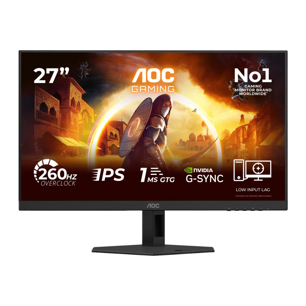AOC Monitor 27G4ZRE 27 negro y rojo, vista frontal: pantalla con escena gaming, especificaciones 260Hz IPS 1ms G-Sync