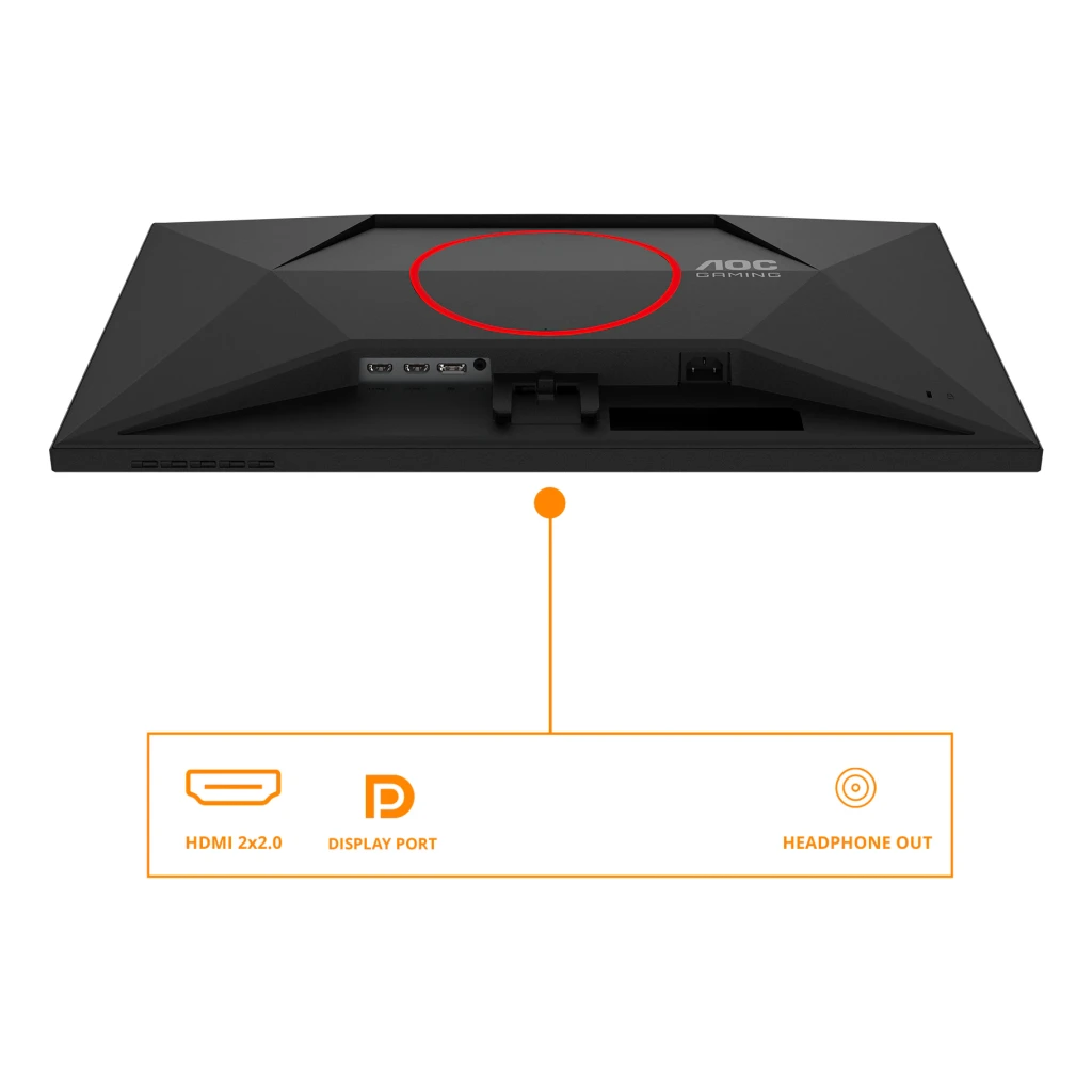 AOC Monitor 27G4ZRE 27 negro y rojo, vista trasera: puertos HDMI 2x2.0, DisplayPort y salida auriculares señalizados