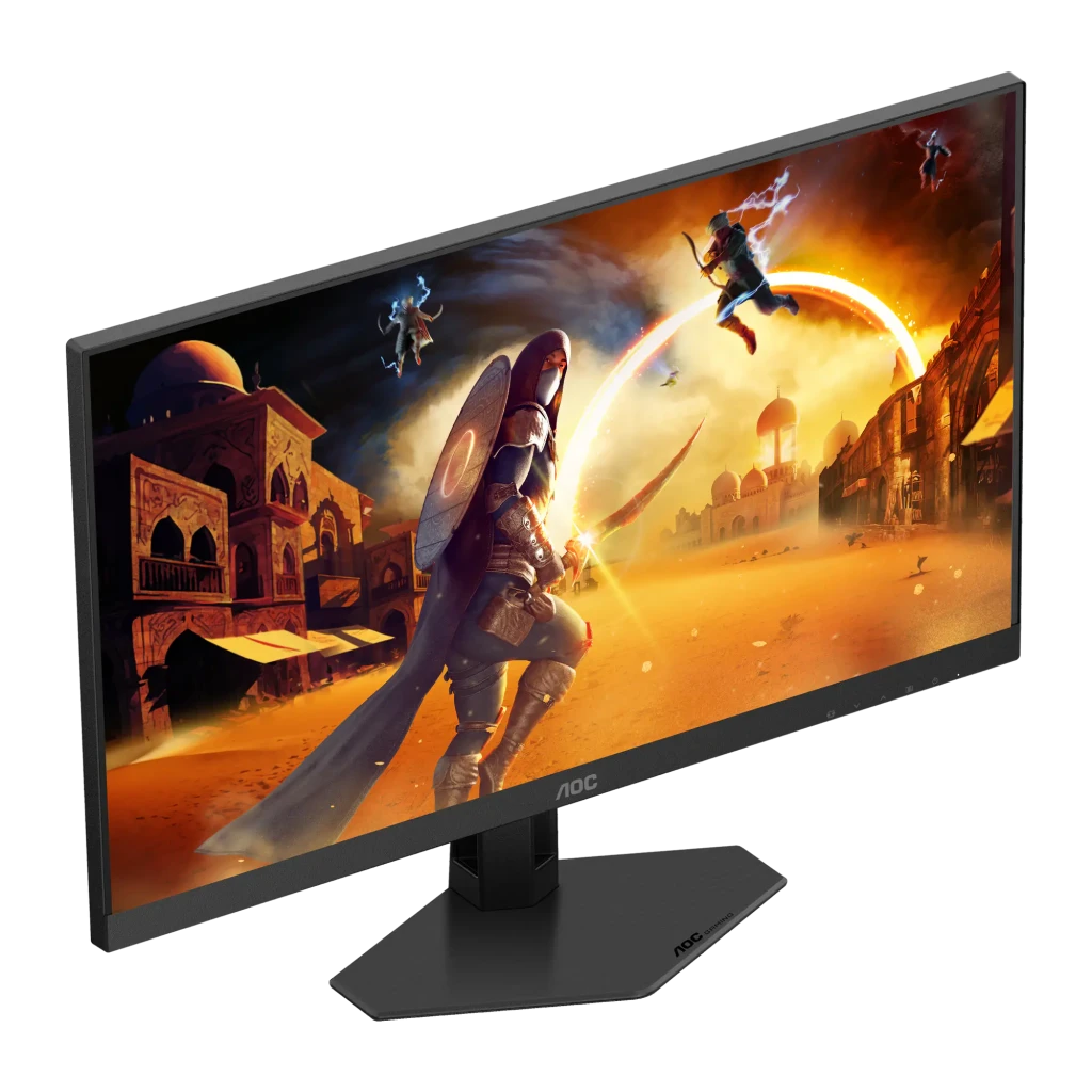 AOC Monitor 27G4ZRE 27 negro y rojo, vista en ángulo izquierdo: perfil delgado del panel y base geométrica negra
